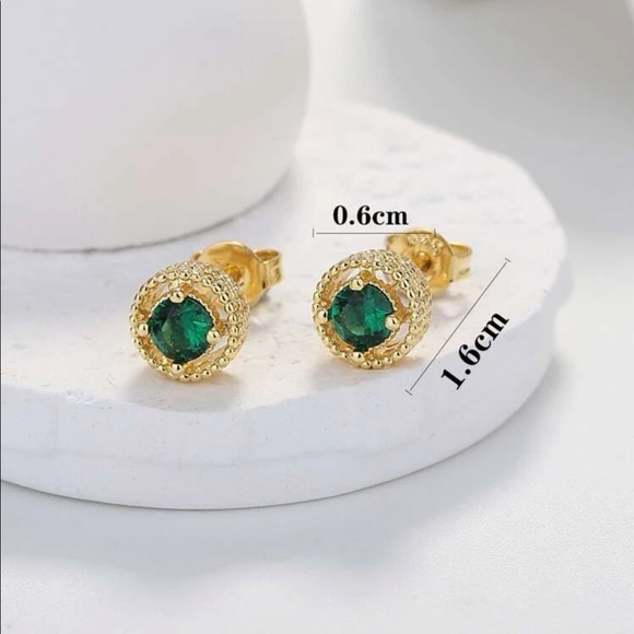 18K Gold Plated Green Zirconia Stud Earrings - Picture 3 of 8